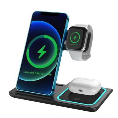 China Dropshipping Mobile Phone Amazon Hit New Qi 15W Pad LED Fill Light 3 In 1 Wireless Charger For Iphone 13 Watch for sale