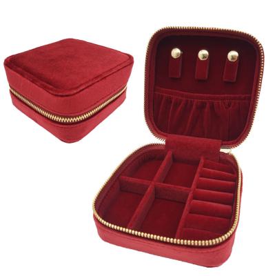 China Handmade Small Organizer Display Storage Box Logo Travel Jewelry Organizer Custom Velvet Jewelry Zipper Case for sale