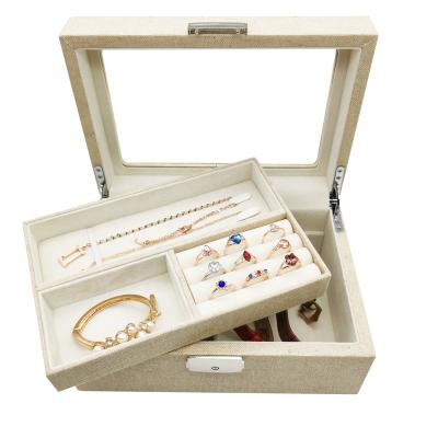 China Jewelry Packaging 2 Acrylic Window Trays Jewelry Packaging Canvas Storage Box With Locked Home Use Packaging Boxes Jewelry for sale