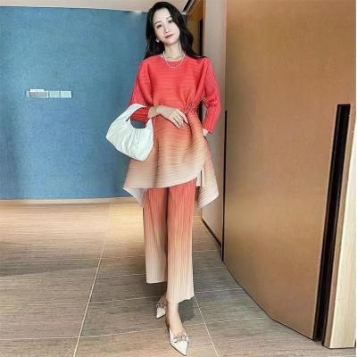 China Newest Plus Size Maxi Standard Plus Size 100%Polyester Ladies Wear Dress Skirt Suits Printed Issey Miyaki Women Office Pleated Pant Suit for sale