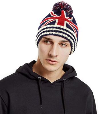 China JOINT Winter Knit US Flag Union Jack Warm Beanie Hat Slouchy Beanie With Pom Pom for sale