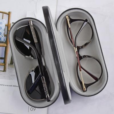 China Eyewear Mid Layer Double Glasses PU Leather Case Double Travel Case For Classic Two Frames Clamshell 2 Glasses Case With Mirror for sale