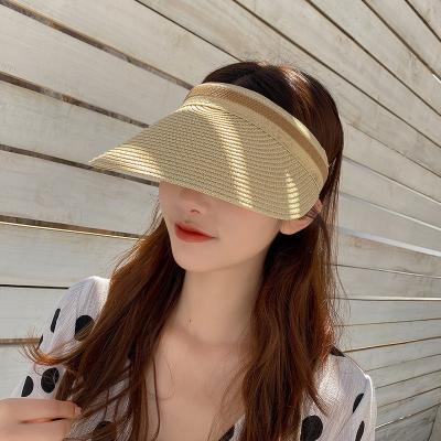 China Lady Straw Hats Wide Wide Brim Summer Sun Visor Striped Female Beach Hat Fashion UV Protection Hats for sale