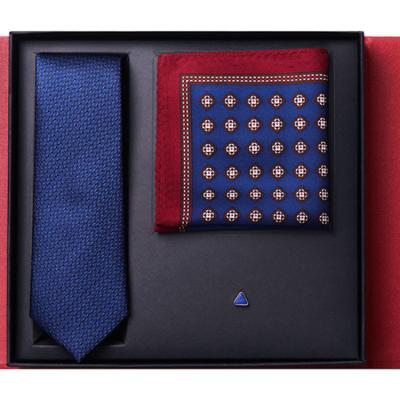 China Silk Yarn Dyed Navy Blue Business Ties For Men Jacquard 100% Silk Tie Handkerchief Cufflink And Necktie Gift Box Tie Set for sale