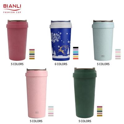 China Disposable Custom Logo Biodegradable Coffee Cup Plastic With Double Lid Wall Eco Wheat Coffee Mugs for sale