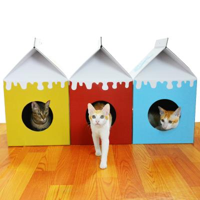 China Viable ICLE--IC-1036-Free Catnip Package Flat Cat House Milk Box Interior With Corrugated Paper Cardboard Cat Scratching Board for sale