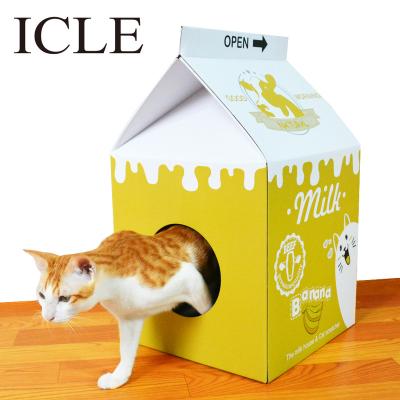 China SUSTAINABLE ICLE--ic-1036-Yellow Wrinkled Paper Scratch Free Catnip Cat Supplies Houses Milk Box with Cardboard Cat Scratcher for sale