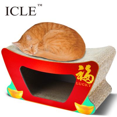 China Eco-Friendly Eeo Viable Recycle Red Room House Boxes Chinese Lucky New Design Craft Corrugated Cardboard Paper Cat Scratcher-IC-0078 for sale