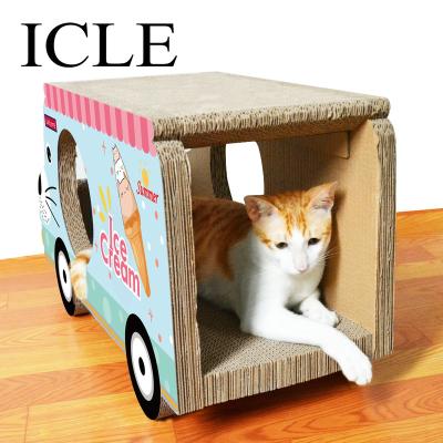 China Sustainable icLe-Cat Products gato toys Room Car Shaped Truck Carton Cardboard Cat Scratcher Room Boxes-IC-1043-blue for sale