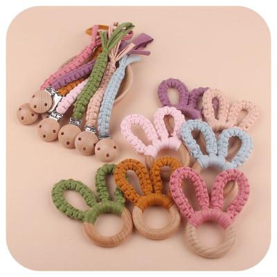 China Toy Baby Bunny Ear Teether Bracelet Soft Hand - Beech Wood Woven Toy Baby Teeth Molar Stick Cotton Rope Ring Baby Teethers Wooden Set for sale