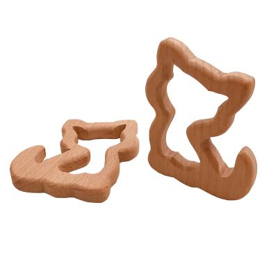 China Eco-Friendly Top Selling Wooden Cat Shape Teething Toys Natural Baby Animal BPA Free Teether Beech Wood for sale