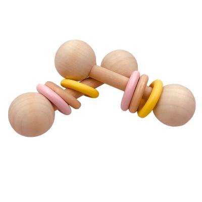 China Eco-Friendly Wooden Teether Rattle Montessori Toys with Three Ring Accessories Teething Toys Baby Nursing Chew Baby RattleToys Yellow for sale