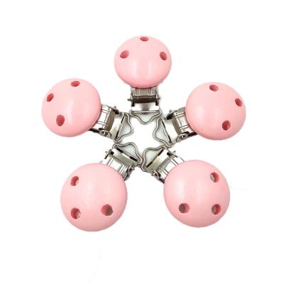 China BPA Free 30mm Three Hole Baby Teething Natural Wooden Single Round Metal Pacifier Clip for sale