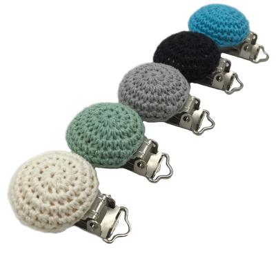 China Toy Crochet Cotton Personalized Baby Soft Pacifier Metal Clips Wooden Baby Accessory for Pacifier Holder for sale