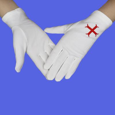 China Freemason Regalia Custom White Masonic Church Man Tombstone Simple White Masonic Regalia China Logo Embroidery Fork Red Cross Hand Nylon Gloves for sale