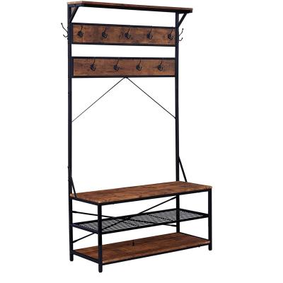 China Modern 3 in 1 Industrial Entryway Coat Rack, Hall Tree with Storage Bench and Shelf with 9 Hooks, Wooden Shelf Furniture with Metal Frame for sale