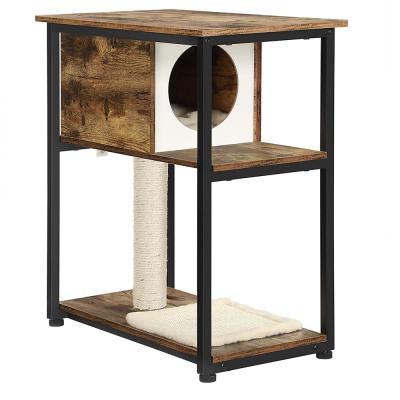 China Modern wooden and metal cabinet pet climbing furniture for play, cat tree tower with lining post and carpet, cat house with iron frame for sale