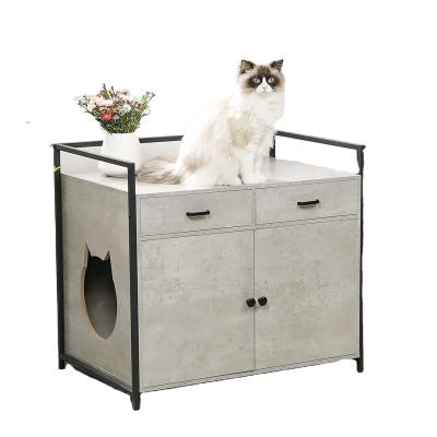 China Large modern wood and metal cat box cabinet pet furniture, cat toilet room with drawer door, industrial cat kennel with iron frame for sale