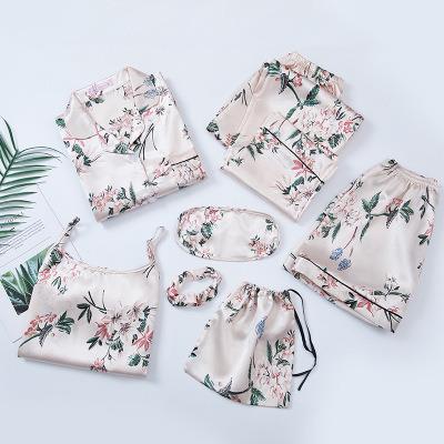 China Breathable Silk Fashion Floral Print Pijamas Pajamas Pajamas Satin Comfortable Satin Nightgown Sleepwear 7 Piece Set for sale