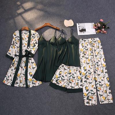 China Floral Print Women Pajamas Satin Sleepwear Breathable Lounge Wear Pijamas Mujer 5 Piece Set for sale