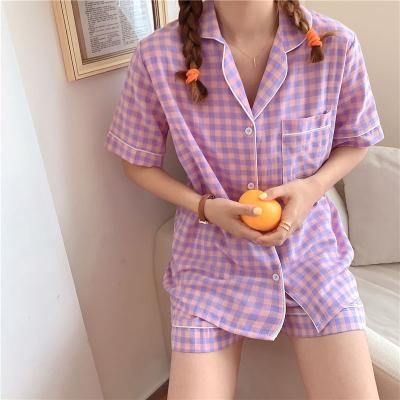 China Breathable Korean Plaid Suits With Shorts Summer Pajamas Set 2 Pieces Kawaii Purple Loungewear Pajamas For Women Set Nightgowns Sleepwear for sale