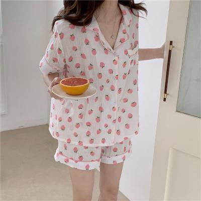 China Korean Strawberry Breathable Summer Cotton Loungewear Pajamas Pink 2 Piece Set Cute Home Clothes Pajama Sets For Women Sleepwear Nightgowns for sale