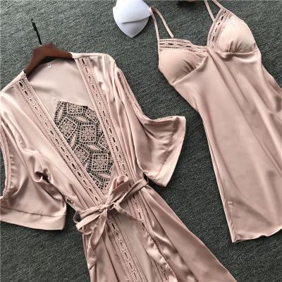 China New QUICK DRY sexy women's sleepwear nightgown with bridle home wear two-piece long-sleeved ice silk pajamas for sale