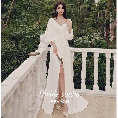 China Breathable temperament French wedding dresses long sleeve dress skirt slit wedding dress white wedding dress for sale