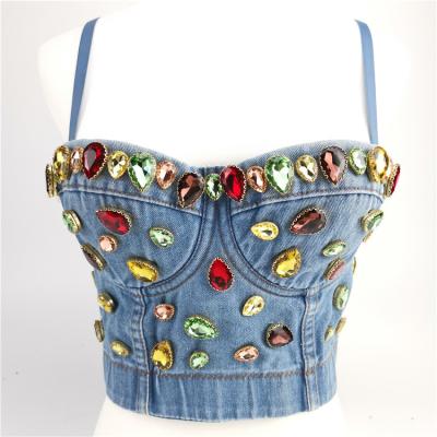 China Sustainable Wholesale Custom Glass Beaded Sexy Denim Stone Halter Crop Top For Women for sale