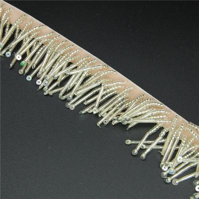 China Viable Wholesale Crochet Bugle Sequin Pearl Silk Shiny Glass Tassels Fringe Beaded Lace Trim for sale