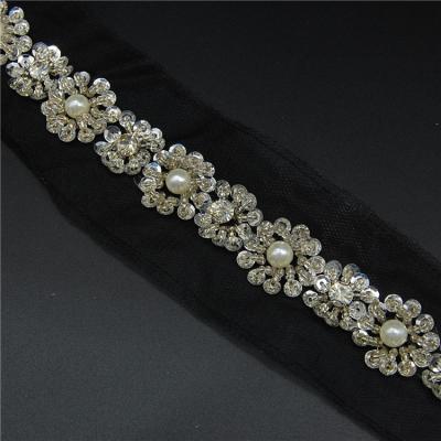 China Sustainable Wholesale India Black Lace Sequin Beaded Pearl Bra Gold Rhinestone Trims for sale