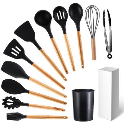 China Sustainable Hot Sale 12 Pcs Silicone Kitchen Utensil Set Heat Resistant Cooking Spatula Set With Wooden Handle for sale