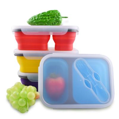 China Reusable Freshness Preservation Food Storage Containers with 2 Compartment Collapsible Kids Children Silicone Bowls with Fork for sale