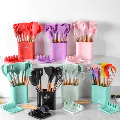 China Viable Modern Silicone Kitchenware Set Spatula Heat Resistant Silicone Cookware Set Set With Wooden Handle for sale