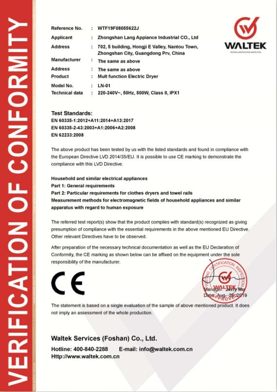 CE - Zhongshan Langchuang Appliance Industrial Co., Ltd.