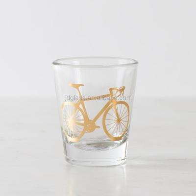 China Viable Handmade Shiny Gold Screen Printed Bicycle Logo 1.75 oz Shot Glass for sale