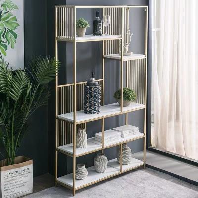 China Living Room Nordic Luxury Shelf Light Partition Screen Metal Creative Floor-to-Ceiling Wooden Shelf for sale