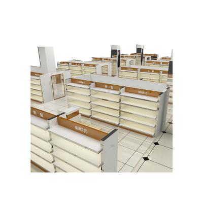 China Morden Shop Modern Pharmacy Wall Shelving Wooden Pharmacy Display Cabinet for sale