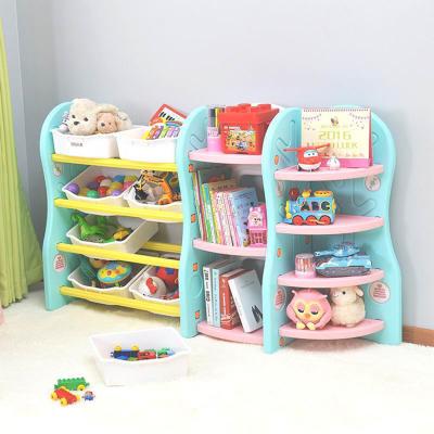 China 4 Layer Cartoon Kindergarten Movable Plastic Shelf Cartoon Book Stand Kids Bookcases for sale