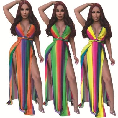 China DAN8165 Summer Breathable Dress Custom Split V-Neck Sexy Rainbow Print Striped Long Casual Dresses Women for sale