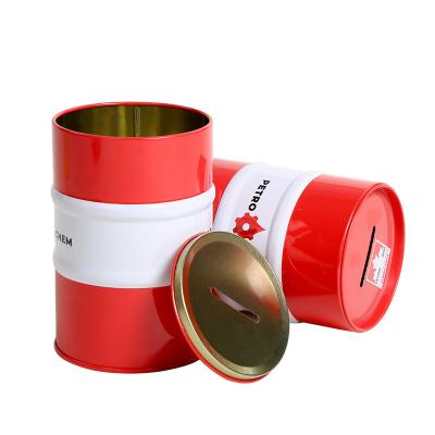 China Custom Oil Shaped Children Kids Money Saving Tinplate Round Box New Design Round Tin Coin Bank Small Metal Money Box for sale