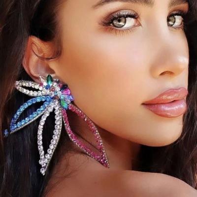 China 2023 High Quality Shiny Big Flower Rhinestone Dangling Women's Butterfly Earrings Luxury Wedding Party Fashion Jewelry Accessories for sale