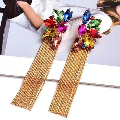 China New Colorful Crystal Long Metal Chain Dangle Drop Earrings Fashion Rhinestone High Quality Luxury TRENDY Jewelry Accessories for sale