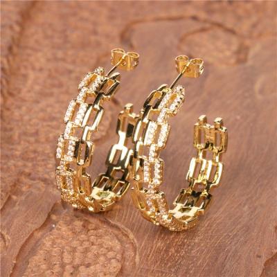 China Vintage Hip Hops Big Link Chain Design Jewelry Circle Stud Statement Earrings Micro CZ Zircon Double Circle C Shape Earrings for sale