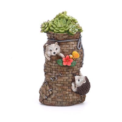 China Economical Europe Resin Crafts Custom Design Solar Hedgehog Garden Decor PO Solar Succulent Sculpture for sale