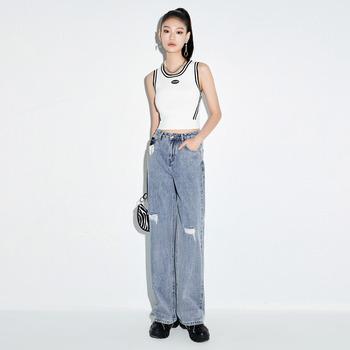 China New Style Waterproof Wide Leg Casual Loose Light Blue Washed High Waist Pants Jeans Women for sale