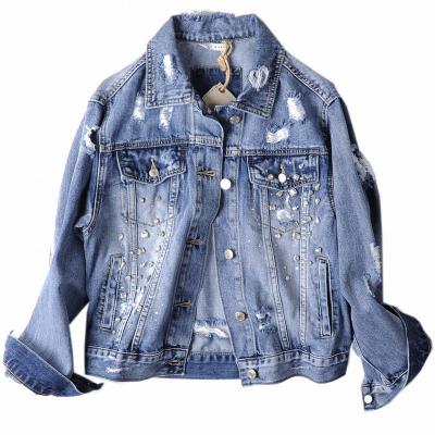 China Breathable Italian Jeans Brands Hole Diamond Blue Jeans Womens Denim Jackets Women's Jackets And Coats for sale