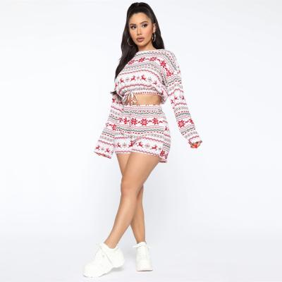 China 2021 QUICK DRY Christmas Clothing For Women 2 Piece Set Printed O-Neck Long Sleeve Crop Top Shorts Casual Sets For Women for sale