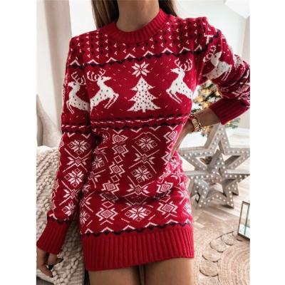 China 2021 Anti-wrinkle Designer Xmas Long Sleeve Christmas Skirt Christmas Tree Elk Deer Jacquard Sweater for sale