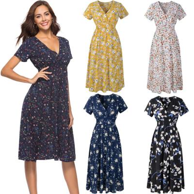 China Lady Summer Short Sleeve V-Neckline Women Floral Print Elegant High Waist Breathable Wrap Female Loose Casual Dress Long for sale